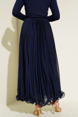 Bel Fermuarlı Şifon Pileli Etek Lacivert - Uzun Etek