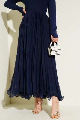 Bel Fermuarlı Şifon Pileli Etek Lacivert - Uzun Etek