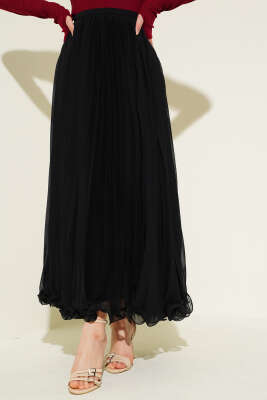 Bel Fermuarlı Şifon Pileli Etek Siyah - Uzun Etek