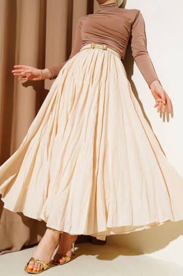 Bel Fermuarlı Sık Pileli Kırışık Etek Bej - Uzun Etek