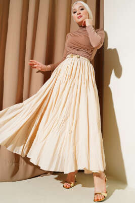 Bel Fermuarlı Sık Pileli Kırışık Etek Bej - Uzun Etek