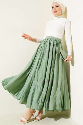 Bel Fermuarlı Sık Pileli Kırışık Etek Çağla Yeşili - Uzun Etek