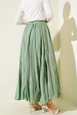 Bel Fermuarlı Sık Pileli Kırışık Etek Çağla Yeşili - Uzun Etek