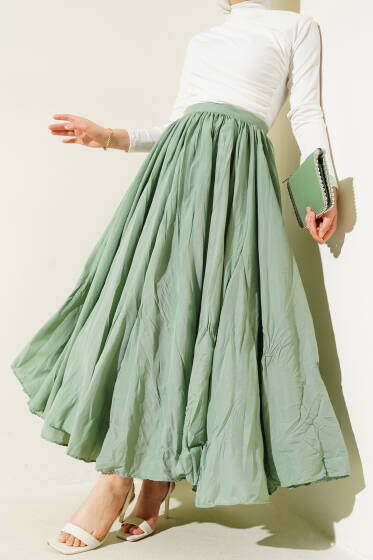Bel Fermuarlı Sık Pileli Kırışık Etek Çağla Yeşili - Uzun Etek