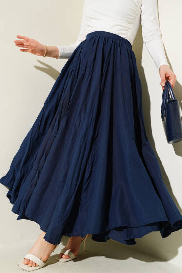 Bel Fermuarlı Sık Pileli Kırışık Etek Lacivert - Etek