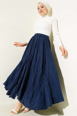 Bel Fermuarlı Sık Pileli Kırışık Etek Lacivert - Uzun Etek