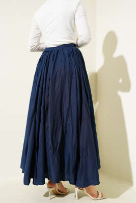 Bel Fermuarlı Sık Pileli Kırışık Etek Lacivert - Uzun Etek