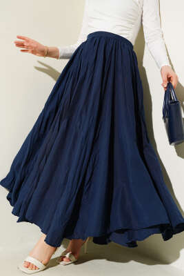 Bel Fermuarlı Sık Pileli Kırışık Etek Lacivert 