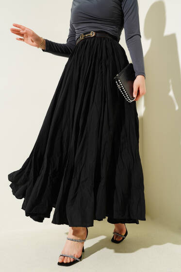 Bel Fermuarlı Sık Pileli Kırışık Etek Siyah - Etek