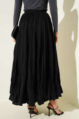 Bel Fermuarlı Sık Pileli Kırışık Etek Siyah - Uzun Etek