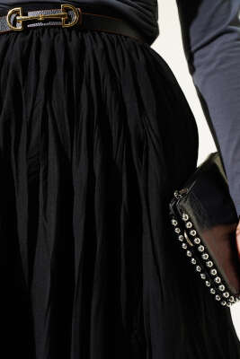 Bel Fermuarlı Sık Pileli Kırışık Etek Siyah - Uzun Etek