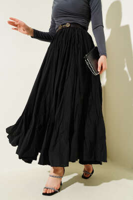 Bel Fermuarlı Sık Pileli Kırışık Etek Siyah