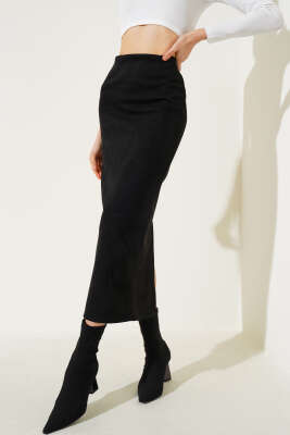 Bel Fermuarlı Süet Kalem Etek Siyah 