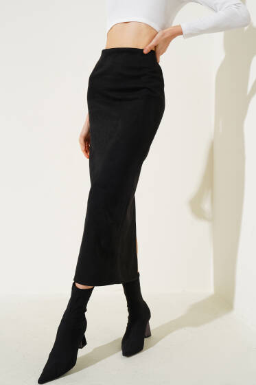 Bel Fermuarlı Süet Kalem Etek Siyah - Kadın Giyim Modelleri