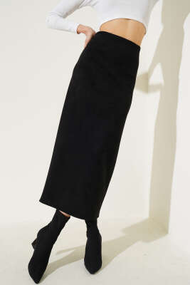Bel Fermuarlı Süet Kalem Etek Siyah - Kadın Giyim Modelleri