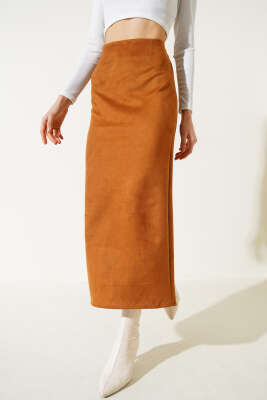 Bel Fermuarlı Süet Kalem Etek Taba - Kadın Giyim Modelleri