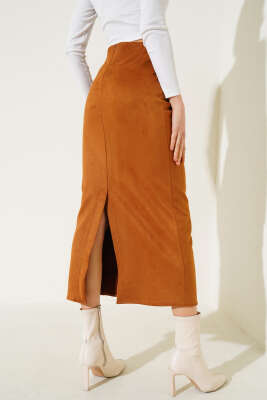 Bel Fermuarlı Süet Kalem Etek Taba - Kadın Giyim Modelleri