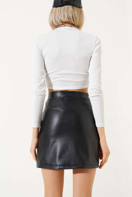 Bel Fermuarlı Yırtmaçlı Mini Deri Etek Siyah - Kadın Giyim Modelleri