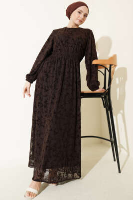 Bel Gipeli Çiçek Tüllü Elbise Kahve - ASME