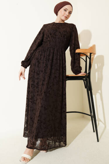 Bel Gipeli Çiçek Tüllü Elbise Kahve - Elbise