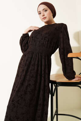 Bel Gipeli Çiçek Tüllü Elbise Kahve - Elbise