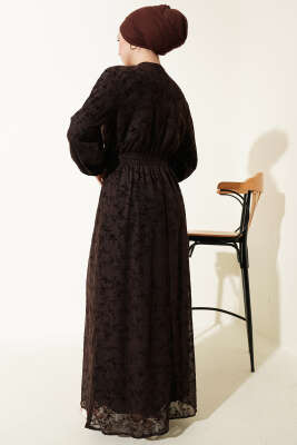 Bel Gipeli Çiçek Tüllü Elbise Kahve - Elbise