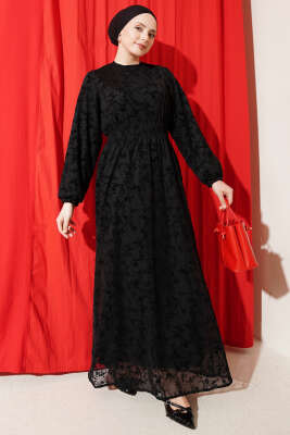 Bel Gipeli Çiçek Tüllü Elbise Siyah - ASME