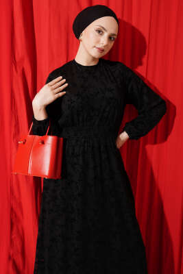 Bel Gipeli Çiçek Tüllü Elbise Siyah - Elbise