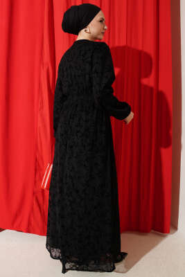 Bel Gipeli Çiçek Tüllü Elbise Siyah - Elbise