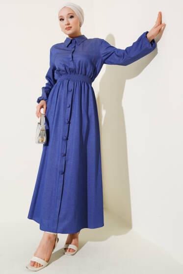 Bel Gipeli Düğmeli Kot Elbise Kot - Elbise