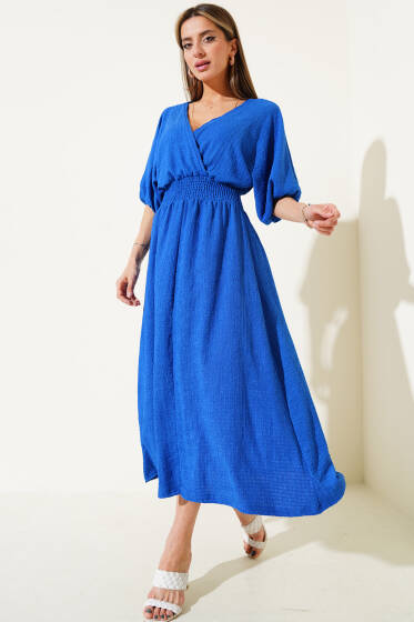 Bel Gipeli Yarım Kol Kırınkıl Midi Elbise Saks - Kadın Giyim Modelleri