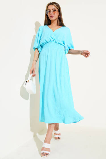 Bel Gipeli Yarım Kol Kırınkıl Midi Elbise Turkuaz - Kadın Giyim Modelleri