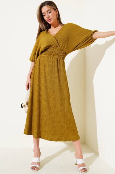 Bel Gipeli Yarım Kol Kırınkıl Midi Elbise Yağ Yeşili - Kadın Giyim Modelleri