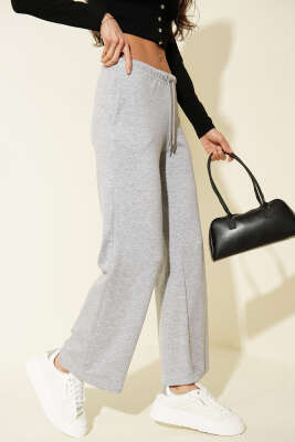 Bel İp Bağcıklı Bol Paça Pantolon Gri - DİVON