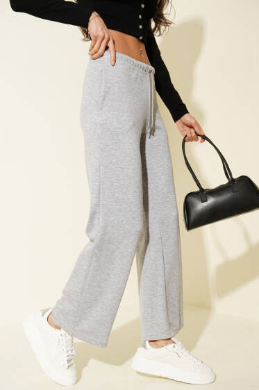 Bel İp Bağcıklı Bol Paça Pantolon Gri - Yılın Fırsatı