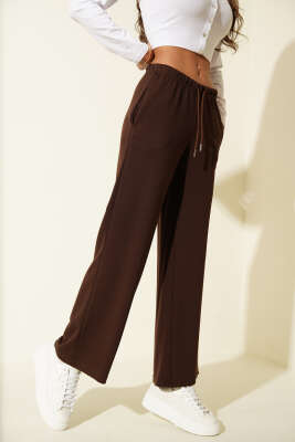 Bel İp Bağcıklı Bol Paça Pantolon Kahve - DİVON