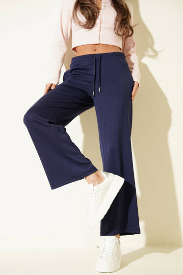 Bel İp Bağcıklı Bol Paça Pantolon Lacivert - Yılın Fırsatı