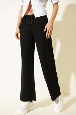 Bel İp Bağcıklı Bol Paça Pantolon Siyah - DİVON