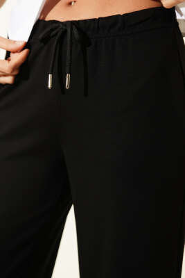 Bel İp Bağcıklı Bol Paça Pantolon Siyah - Kadın Giyim Modelleri