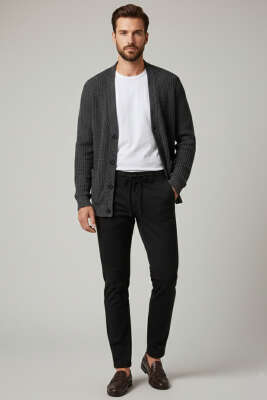 Bel İp Bağcıklı Dar Paça Erkek Pantolon Siyah - Erkek Pantolon