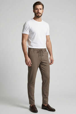 Bel İp Bağcıklı Dar Paça Erkek Pantolon Vizon - Erkek Pantolon