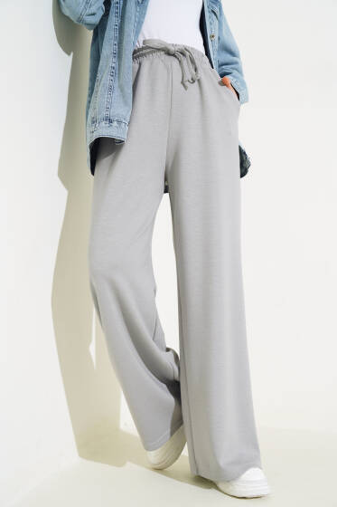 Bel İp Bağlamalı Bol Pantolon Gri - Pantolon