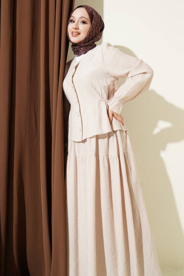 Bel İp Bağlamalı Etekli İkili Takım Bej - İkili Takım