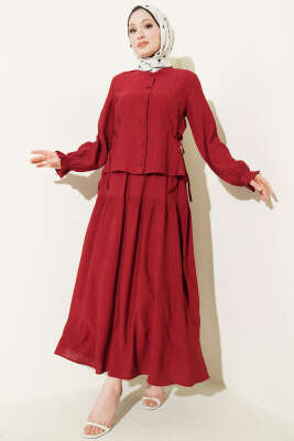 Bel İp Bağlamalı Etekli İkili Takım Bordo - ASMİN