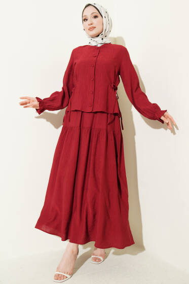 Bel İp Bağlamalı Etekli İkili Takım Bordo - İkili Takım