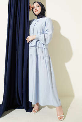 Bel İp Bağlamalı Etekli İkili Takım Buz Mavisi - ASMİN