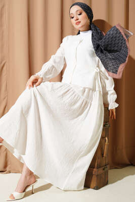 Bel İp Bağlamalı Etekli İkili Takım Ekru - ASMİN