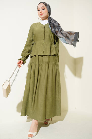 Bel İp Bağlamalı Etekli İkili Takım Haki - İkili Takım