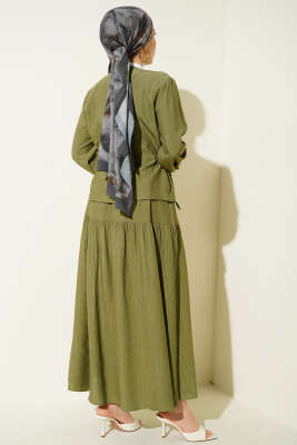 Bel İp Bağlamalı Etekli İkili Takım Haki - İkili Takım