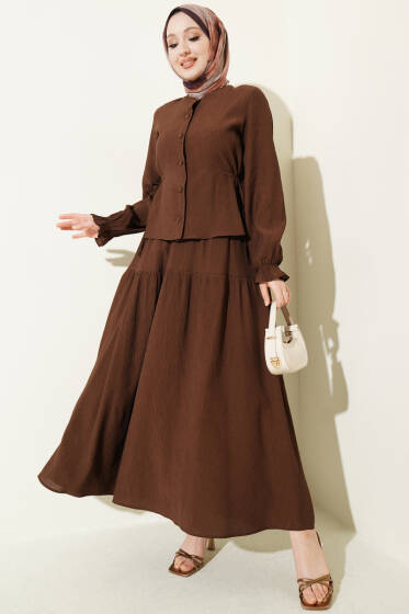 Bel İp Bağlamalı Etekli İkili Takım Kahve - İkili Takım